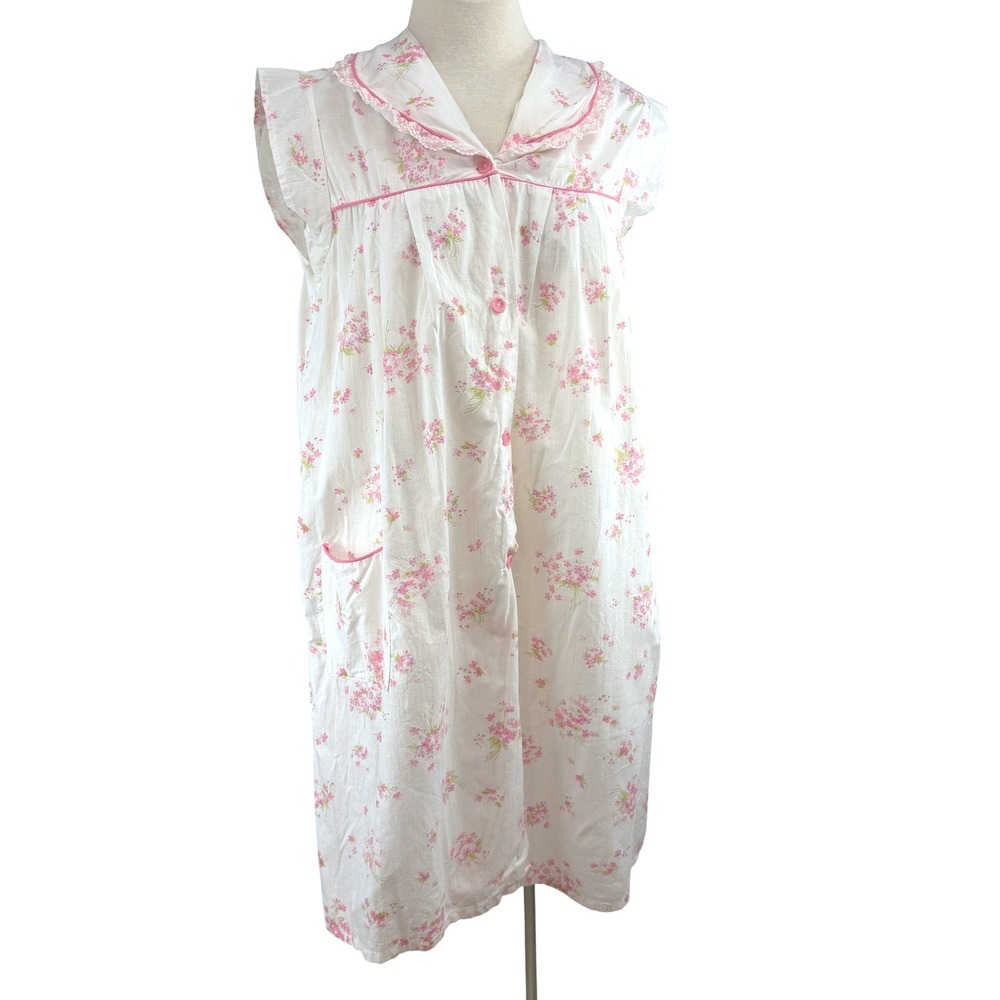 Vintage Womens Cotton Nightgown|M/L| Floral Button Pocket Trad Coquette Cottage
